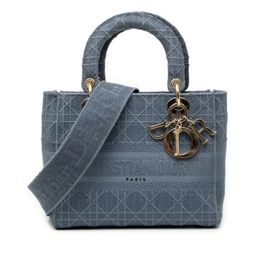 Dior Cannage Lady Lite Handbag Shoulder Bag Blue Canvas